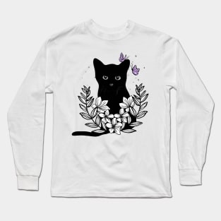 Black cat floral and butterflies Long Sleeve T-Shirt